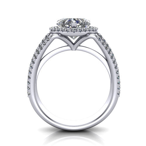 Kamila heart halo engagement ring in 18K White Gold, through-finger front profile showing the triple-row split band and halo from the front