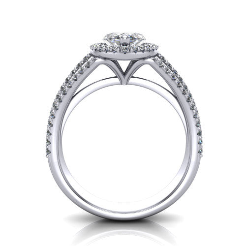 Kamila marquise halo engagement ring in 14K White Gold, through-finger front profile showing the triple-row split band and halo from the front