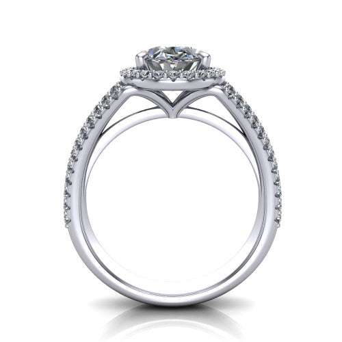 Kamila oval halo engagement ring in 18K White Gold, through-finger front profile showing the triple-row split band and halo from the front