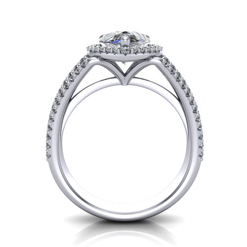 Kamila pear halo engagement ring in 14K White Gold, through-finger front profile showing the triple-row split band and halo from the front