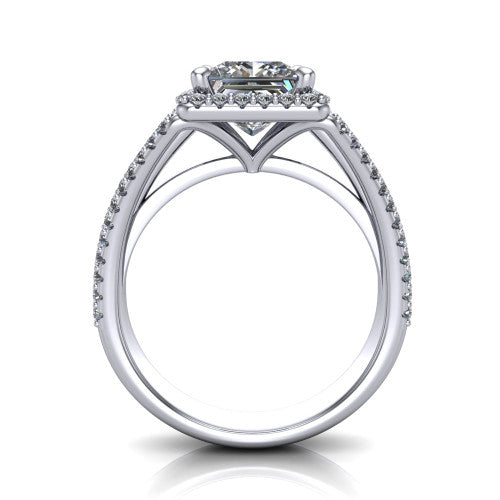 Kamila princess-cut halo engagement ring in Platinum, through-finger front profile showing the triple-row split band and halo from the front