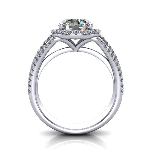 Kamila round halo engagement ring in Platinum, through-finger front profile showing the triple-row split band and halo from the front