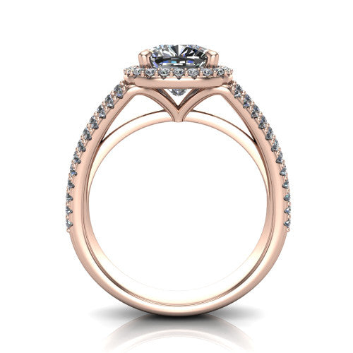 Kamila cushion halo engagement ring in 18K Rose Gold, through-finger front profile showing the triple-row split band and halo from the front