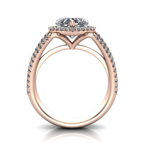Kamila heart halo engagement ring in 18K Rose Gold, through-finger front profile showing the triple-row split band and halo from the front