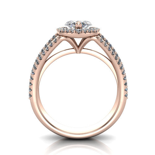 Kamila marquise halo engagement ring in 14K Rose Gold, through-finger front profile showing the triple-row split band and halo from the front