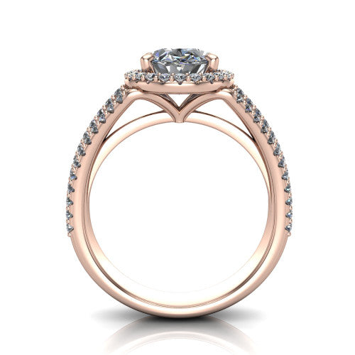 Kamila oval halo engagement ring in 18K Rose Gold, through-finger front profile showing the triple-row split band and halo from the front