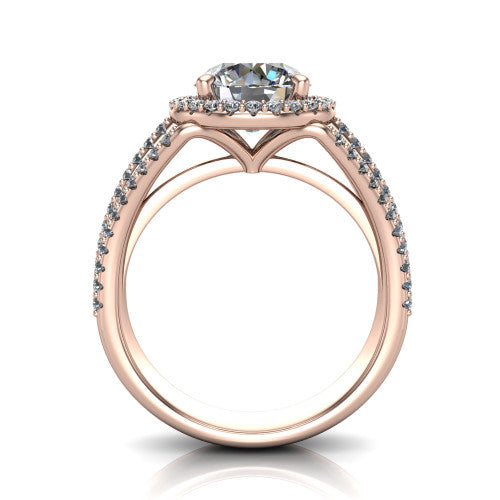 Kamila round halo engagement ring in 14K Rose Gold, through-finger front profile showing the triple-row split band and halo from the front