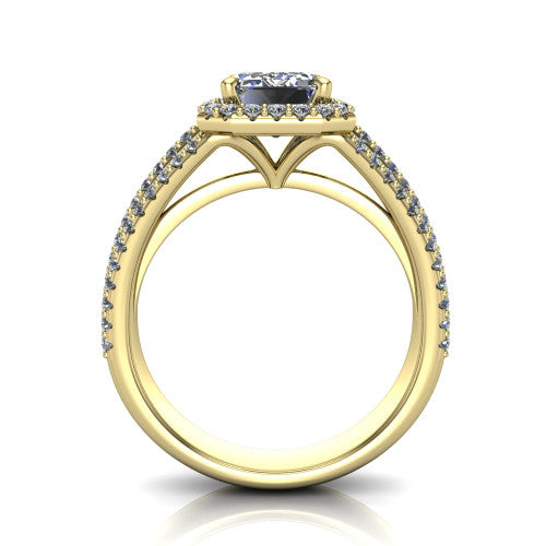 Kamila emerald-cut halo engagement ring in 14K Yellow Gold, through-finger front profile showing the triple-row split band and halo from the front
