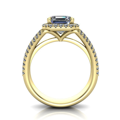 Kamila square emerald-cut halo engagement ring in 14K Yellow Gold, through-finger front profile showing the triple-row split band and halo from the front
