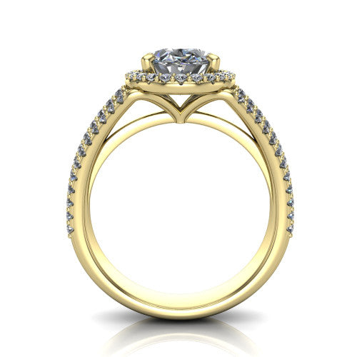 Kamila oval halo engagement ring in 18K Yellow Gold, through-finger front profile showing the triple-row split band and halo from the front