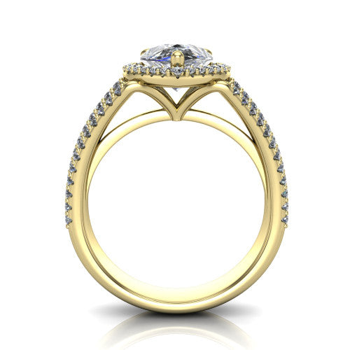 Kamila pear halo engagement ring in 18K Yellow Gold, through-finger front profile showing the triple-row split band and halo from the front