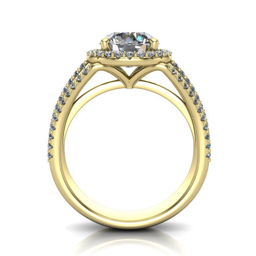 Kamila round halo engagement ring in 14K Yellow Gold, through-finger front profile showing the triple-row split band and halo from the front