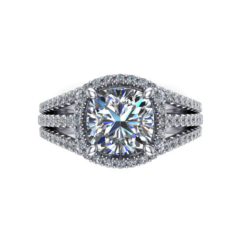Kamila cushion halo engagement ring in Platinum, top-down view showing the cushion center diamond and pave halo from above