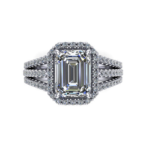 Kamila emerald-cut halo engagement ring in 18K White Gold, top-down view showing the emerald-cut center diamond and pave halo from above