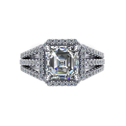 Kamila square emerald-cut halo engagement ring in 14K White Gold, top-down view showing the square emerald-cut center diamond and pave halo from above