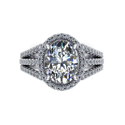 Kamila oval halo engagement ring in 18K White Gold, top-down view showing the oval center diamond and pave halo from above