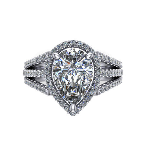 Kamila pear halo engagement ring in 14K White Gold, top-down view showing the pear center diamond and pave halo from above