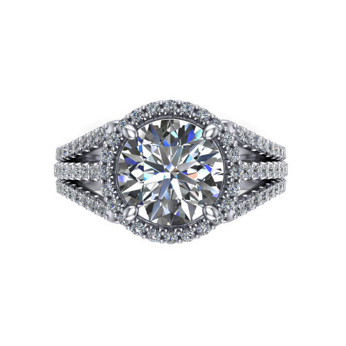 Kamila round halo engagement ring in Platinum, top-down view showing the round center diamond and pave halo from above