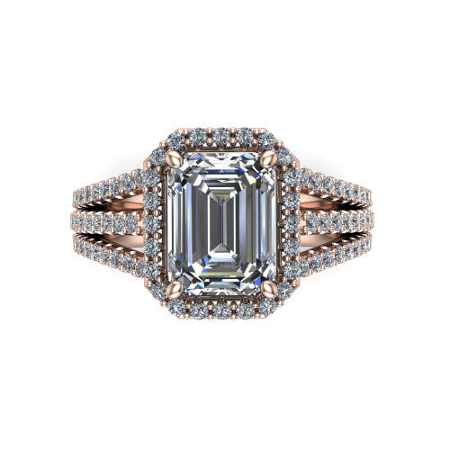 Kamila emerald-cut halo engagement ring in 18K Rose Gold, top-down view showing the emerald-cut center diamond and pave halo from above
