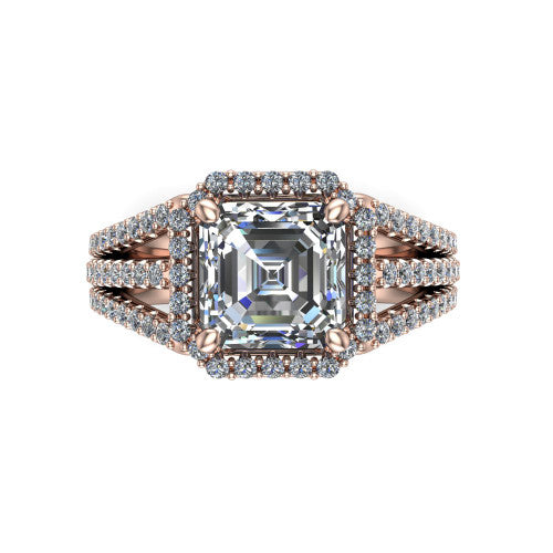 Kamila square emerald-cut halo engagement ring in 18K Rose Gold, top-down view showing the square emerald-cut center diamond and pave halo from above