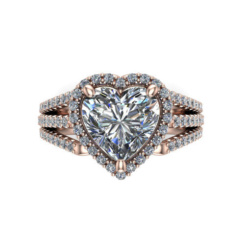 Kamila heart halo engagement ring in 18K Rose Gold, top-down view showing the heart center diamond and pave halo from above