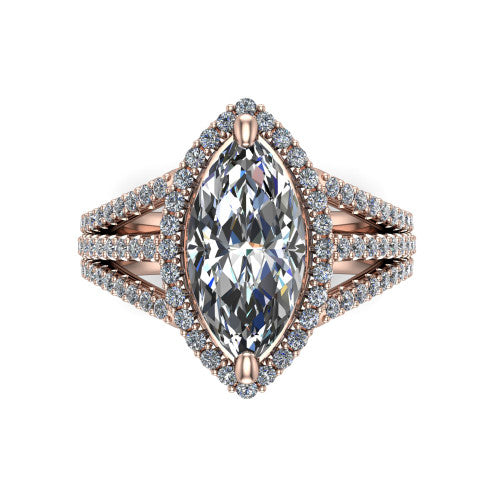 Kamila marquise halo engagement ring in 18K Rose Gold, top-down view showing the marquise center diamond and pave halo from above