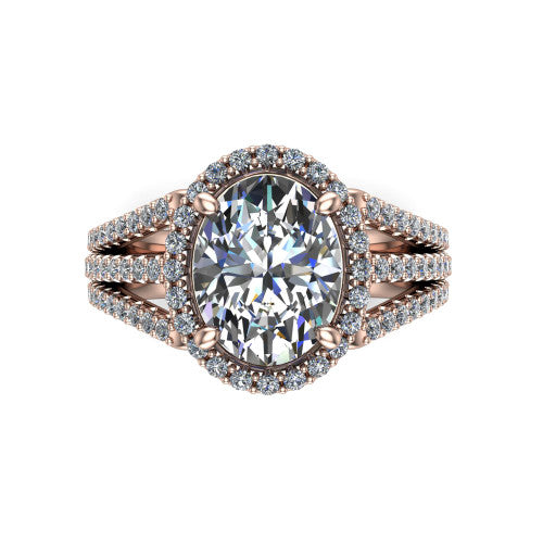 Kamila oval halo engagement ring in 18K Rose Gold, top-down view showing the oval center diamond and pave halo from above