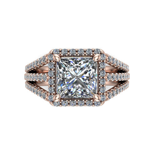 Kamila princess-cut halo engagement ring in 14K Rose Gold, top-down view showing the princess-cut center diamond and pave halo from above