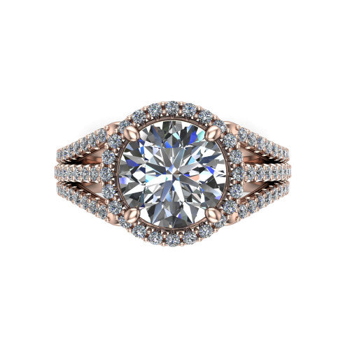 Kamila round halo engagement ring in 14K Rose Gold, top-down view showing the round center diamond and pave halo from above