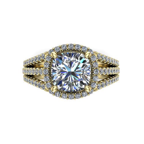 Kamila cushion halo engagement ring in 18K Yellow Gold, top-down view showing the cushion center diamond and pave halo from above
