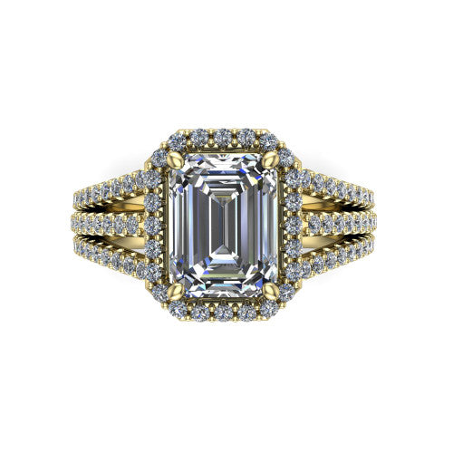 Kamila emerald-cut halo engagement ring in 18K Yellow Gold, top-down view showing the emerald-cut center diamond and pave halo from above