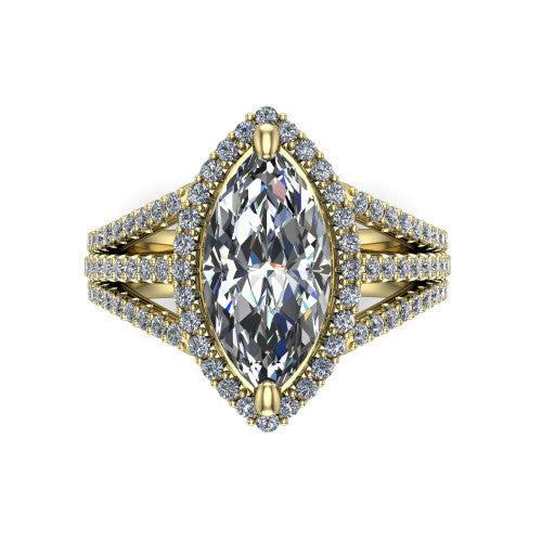 Kamila marquise halo engagement ring in 14K Yellow Gold, top-down view showing the marquise center diamond and pave halo from above