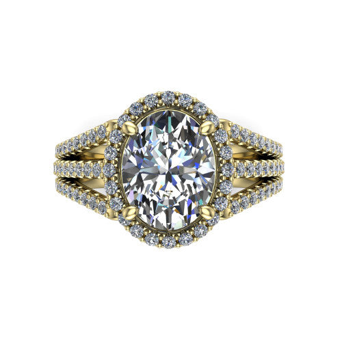 Kamila oval halo engagement ring in 14K Yellow Gold, top-down view showing the oval center diamond and pave halo from above