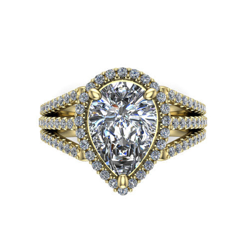Kamila pear halo engagement ring in 14K Yellow Gold, top-down view showing the pear center diamond and pave halo from above