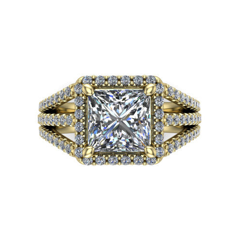 Kamila princess-cut halo engagement ring in 14K Yellow Gold, top-down view showing the princess-cut center diamond and pave halo from above