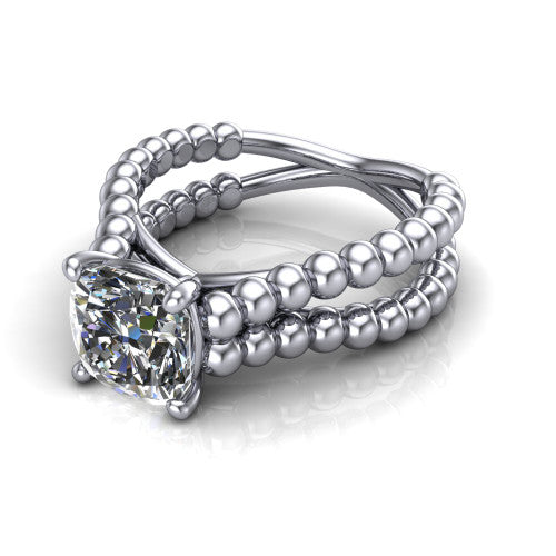 Parker cushion classic engagement ring in 14K White Gold, three-quarter perspective showing the cushion center diamond in a four-prong head above a split beaded band