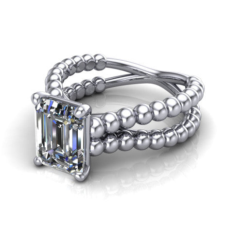Parker emerald-cut classic engagement ring in 14K White Gold, three-quarter perspective showing the emerald-cut center diamond in a four-prong head above a split beaded band