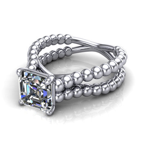 Parker square emerald-cut classic engagement ring in 14K White Gold, three-quarter perspective showing the square emerald-cut center diamond in a four-prong head above a split beaded band