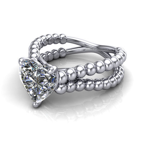 Parker heart classic engagement ring in Platinum, three-quarter perspective showing the heart center diamond in a four-prong head above a split beaded band