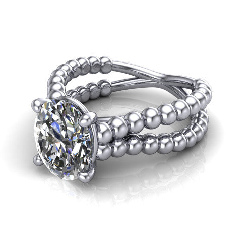 Parker oval classic engagement ring in 14K White Gold, three-quarter perspective showing the oval center diamond in a four-prong head above a split beaded band