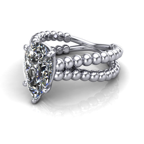 Parker pear classic engagement ring in 14K White Gold, three-quarter perspective showing the pear center diamond in a four-prong head above a split beaded band