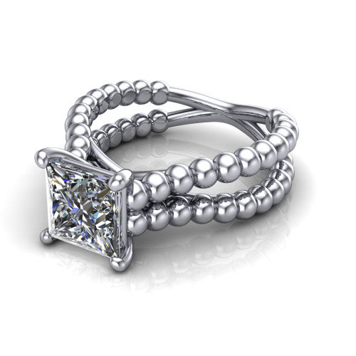 Parker princess-cut classic engagement ring in 18K White Gold, three-quarter perspective showing the princess-cut center diamond in a four-prong head above a split beaded band