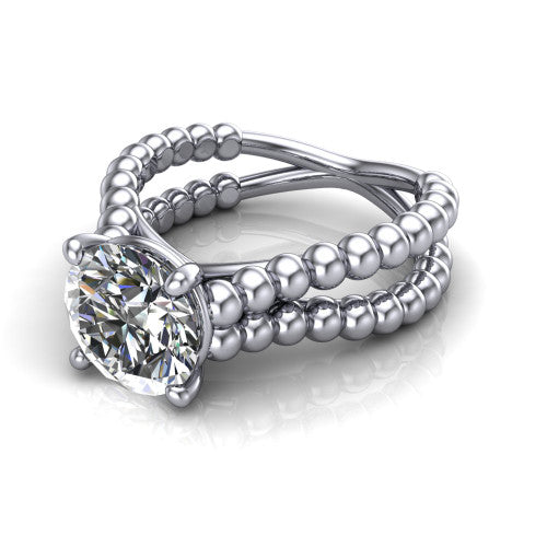 Parker round classic engagement ring in 18K White Gold, three-quarter perspective showing the round center diamond in a four-prong head above a split beaded band
