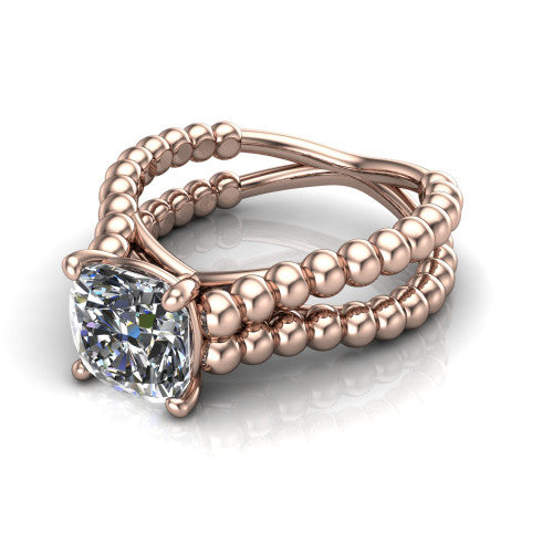 Parker cushion classic engagement ring in 18K Rose Gold, three-quarter perspective showing the cushion center diamond in a four-prong head above a split beaded band