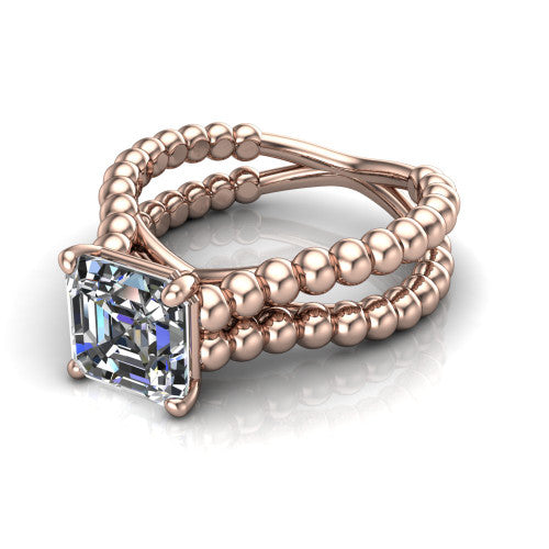Parker square emerald-cut classic engagement ring in 14K Rose Gold, three-quarter perspective showing the square emerald-cut center diamond in a four-prong head above a split beaded band