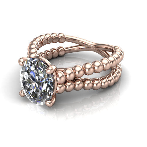 Parker oval classic engagement ring in 14K Rose Gold, three-quarter perspective showing the oval center diamond in a four-prong head above a split beaded band