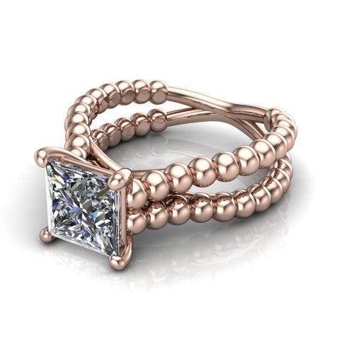 Parker princess-cut classic engagement ring in 14K Rose Gold, three-quarter perspective showing the princess-cut center diamond in a four-prong head above a split beaded band