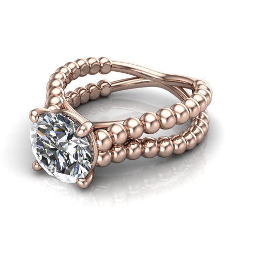 Parker round classic engagement ring in 14K Rose Gold, three-quarter perspective showing the round center diamond in a four-prong head above a split beaded band