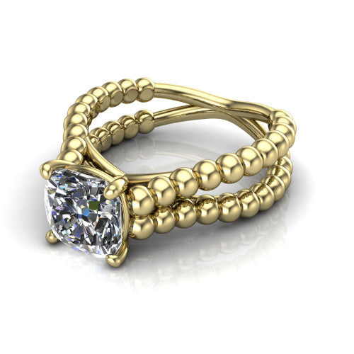 Parker cushion classic engagement ring in 18K Yellow Gold, three-quarter perspective showing the cushion center diamond in a four-prong head above a split beaded band