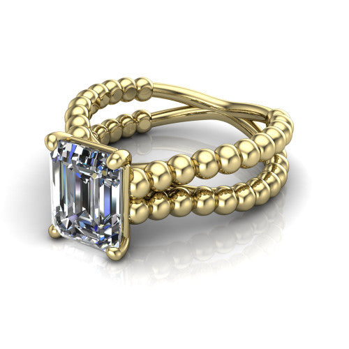 Parker emerald-cut classic engagement ring in 14K Yellow Gold, three-quarter perspective showing the emerald-cut center diamond in a four-prong head above a split beaded band